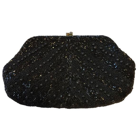 Vintage Beaded Bag Women's Small Embellished Clutch With Chain Black Tie Festive - Picture 1 of 10